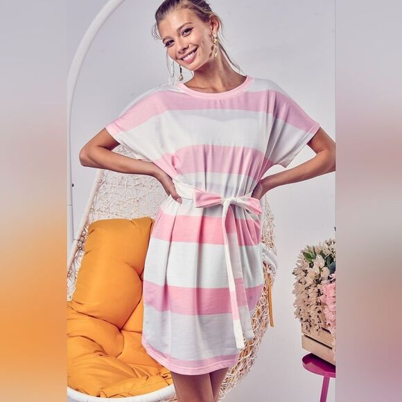 BiBi Tie Front Striped Short Sleeve Dress Pink & White Stripes w Tie Waist - Picture 1 of 8